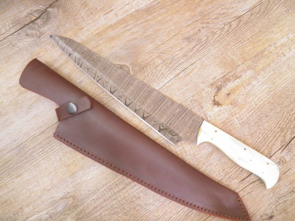 Cuchillo artesanal Gyuto hoja damasco Cuoco tibi mango hueso (37cm)